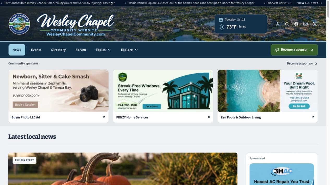 Wesley Chapel website with three real community sponsor ads above the local news
