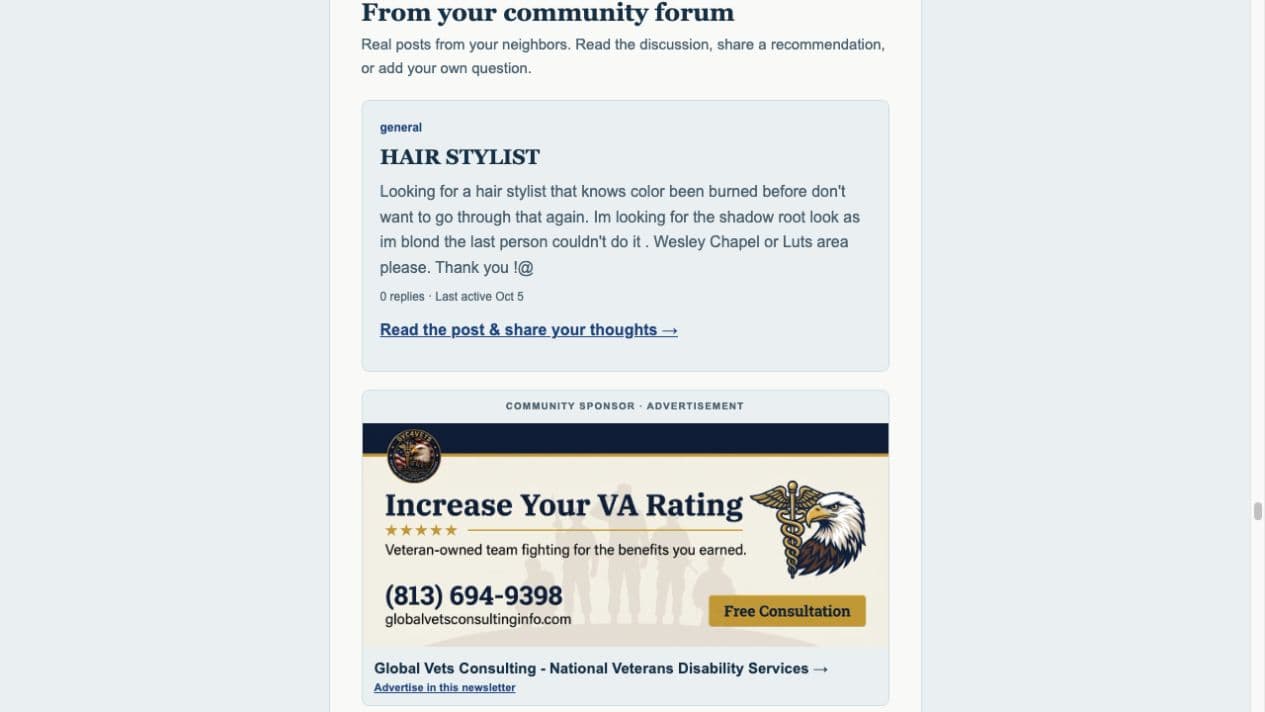 Wesley Chapel newsletter example with a community forum post followed by a Global Vets Consulting sponsor ad