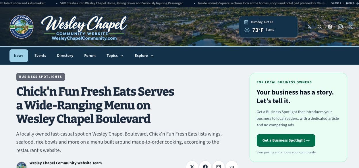 Published Business Spotlight: Chick’n Fun Fresh Eats on Wesley Chapel Boulevard